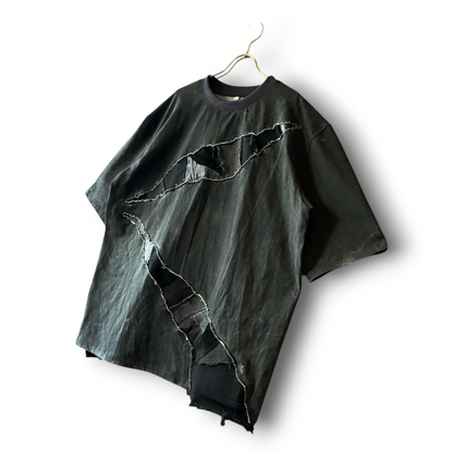 One-of-a-Kind Reconstructed Distressed Fade T-Shirt | Black Patchwork Design | zivun
