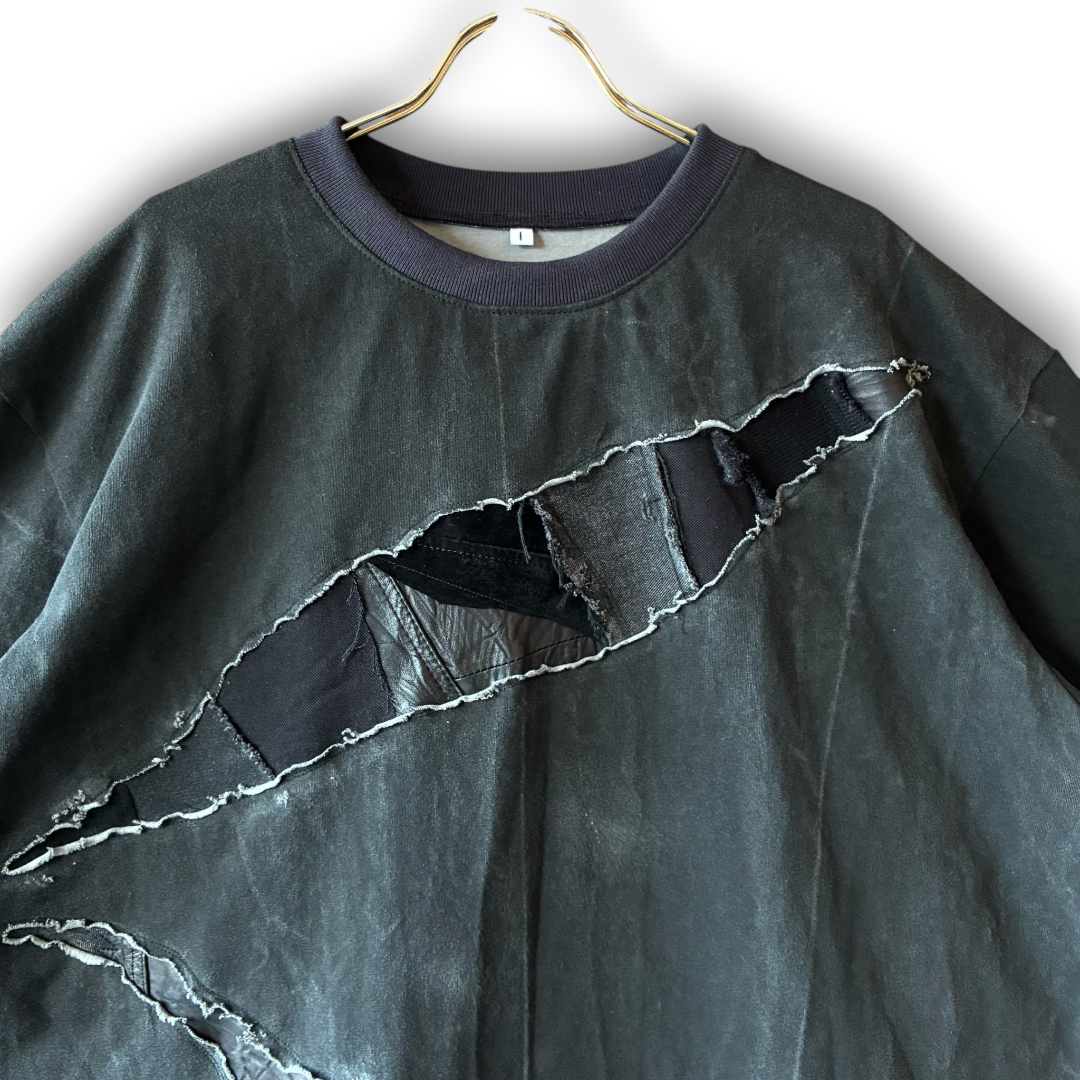 One-of-a-Kind Reconstructed Distressed Fade T-Shirt | Black Patchwork Design | zivun
