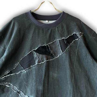 One-of-a-Kind Reconstructed Distressed Fade T-Shirt | Black Patchwork Design | zivun