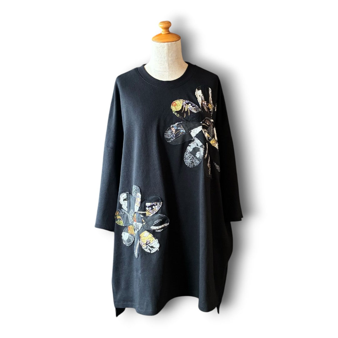 zivun Rebuild Flower Oversize T-Shirt Kurotomesode | One-of-a-Kind Japanese Remake Black Tee | OLD FLIP