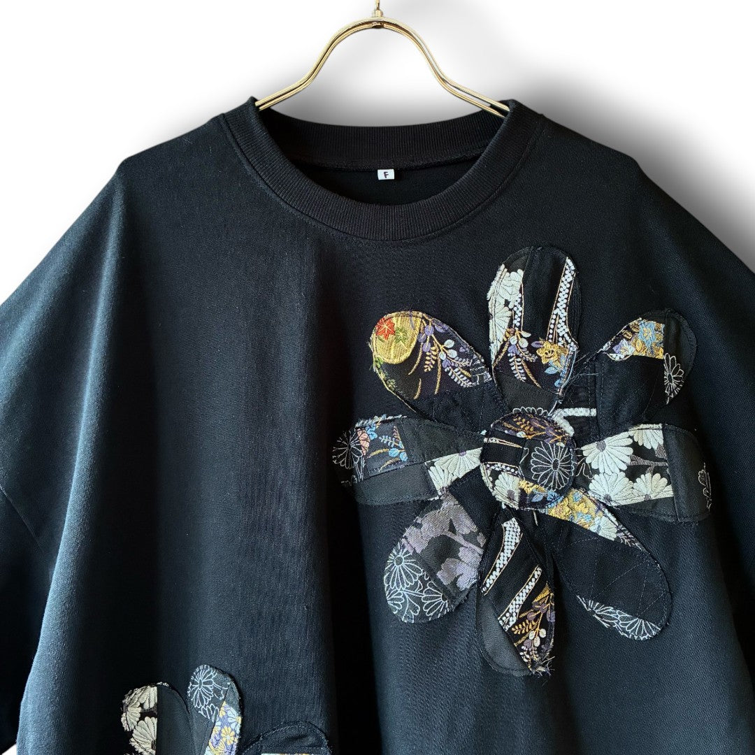 zivun Rebuild Flower Oversize T-Shirt Kurotomesode | One-of-a-Kind Japanese Remake Black Tee | OLD FLIP