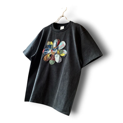 zivun Reconstructed Flower Patchwork Fade T-Shirt | One-of-a-Kind Black Tee | OLD FLIP