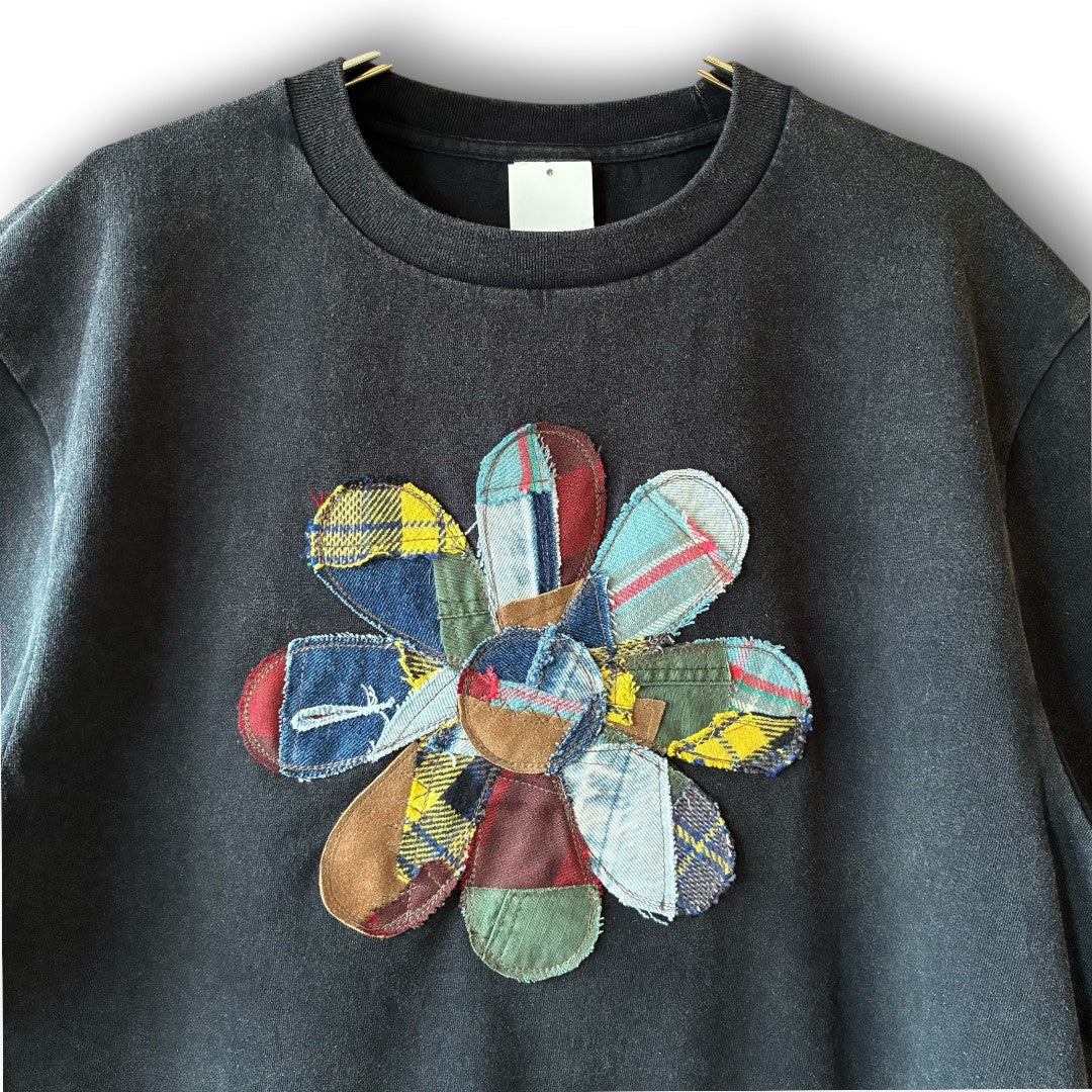 zivun Reconstructed Flower Patchwork Fade T-Shirt | One-of-a-Kind Black Tee | OLD FLIP