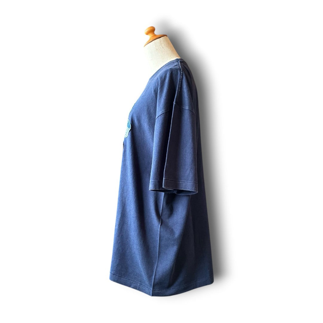 zivun Reconstructed Flower Patchwork Fade T-Shirt | One-of-a-Kind Navy Tee | OLD FLIP
