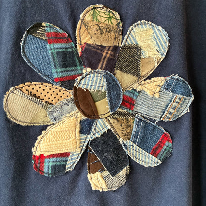 zivun Reconstructed Flower Patchwork Fade T-Shirt | One-of-a-Kind Navy Tee | OLD FLIP