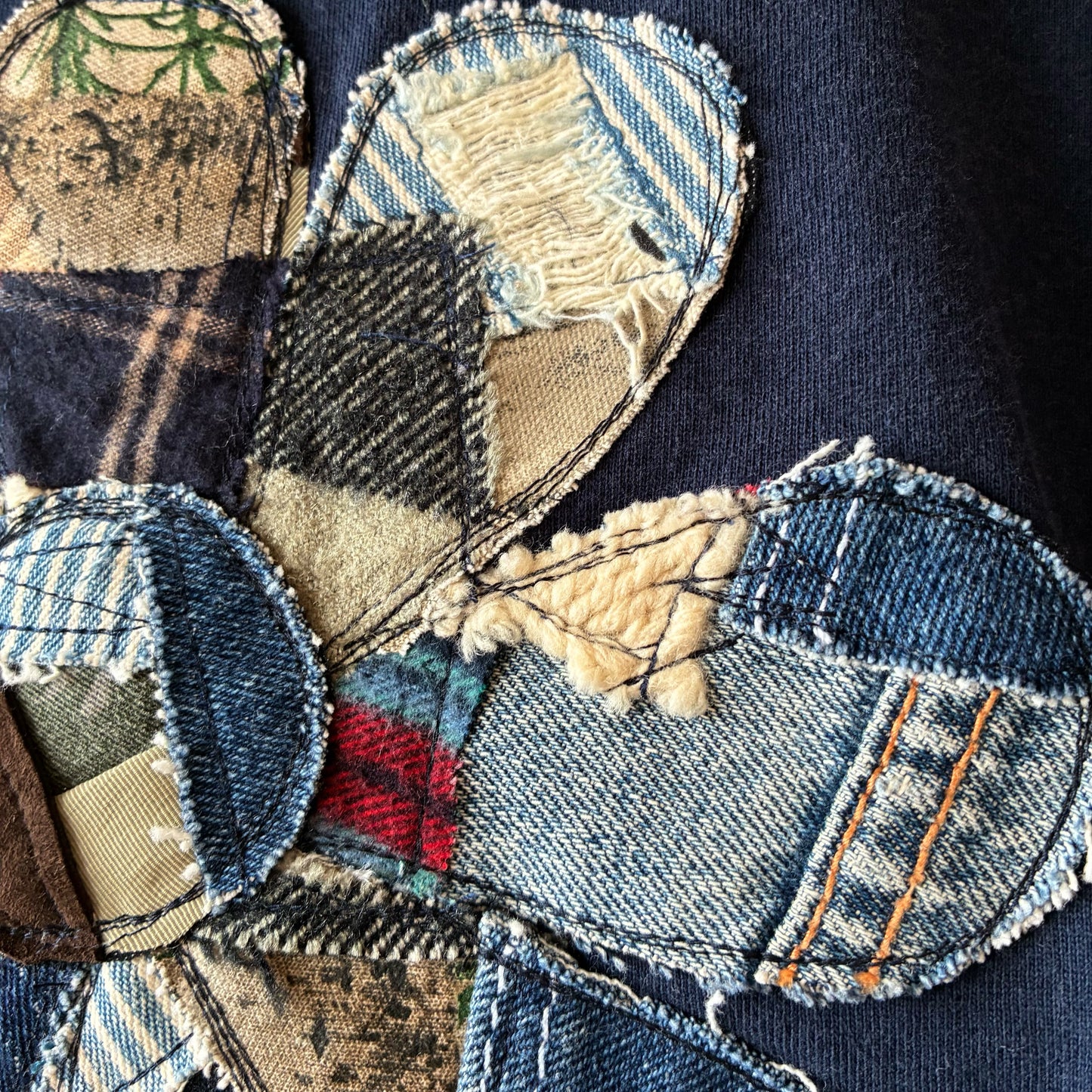 zivun Reconstructed Flower Patchwork Fade T-Shirt | One-of-a-Kind Navy Tee | OLD FLIP