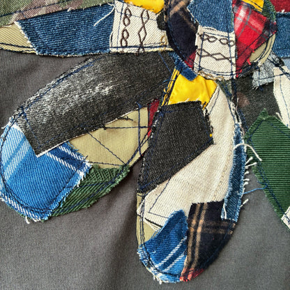 zivun Reconstructed Flower Patchwork T-Shirt | One-of-a-Kind Drawcord Tee Gray | OLD FLIP