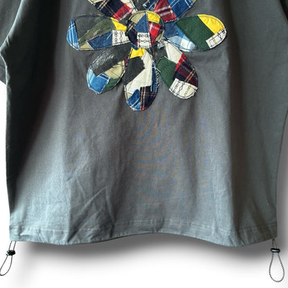 zivun Reconstructed Flower Patchwork T-Shirt | One-of-a-Kind Drawcord Tee Gray | OLD FLIP