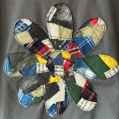 zivun Reconstructed Flower Patchwork T-Shirt | One-of-a-Kind Drawcord Tee Gray | OLD FLIP