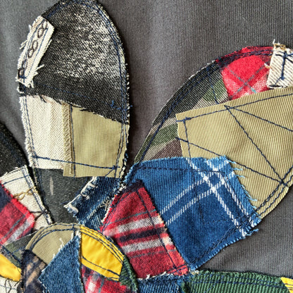 zivun Reconstructed Flower Patchwork T-Shirt | One-of-a-Kind Drawcord Tee Gray | OLD FLIP