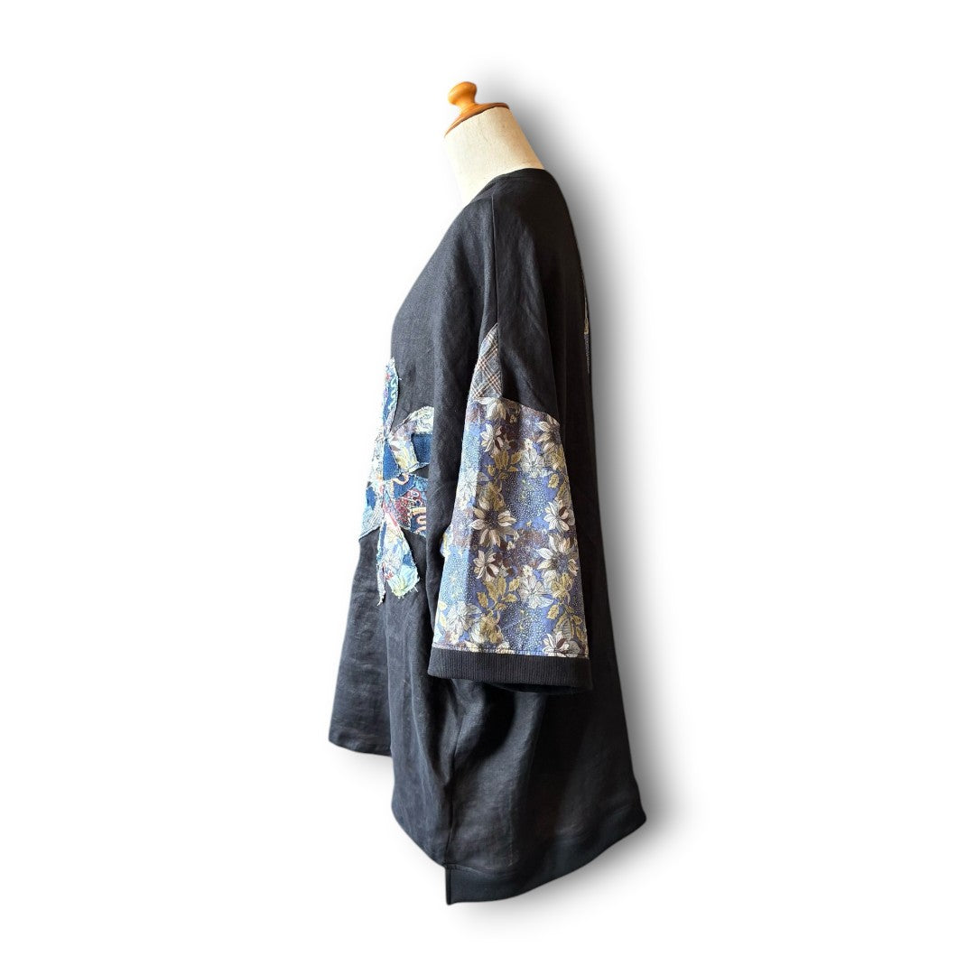 zivun Linen Patch Flower Pullover | Reconstructed Floral Appliqué Oversized One-of-a-Kind | OLD FLIP
