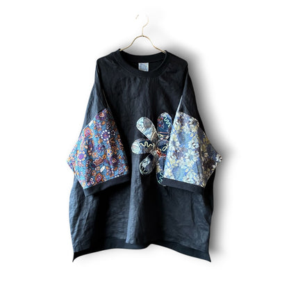 zivun Linen Patch Flower Pullover | Reconstructed Floral Appliqué Oversized One-of-a-Kind | OLD FLIP