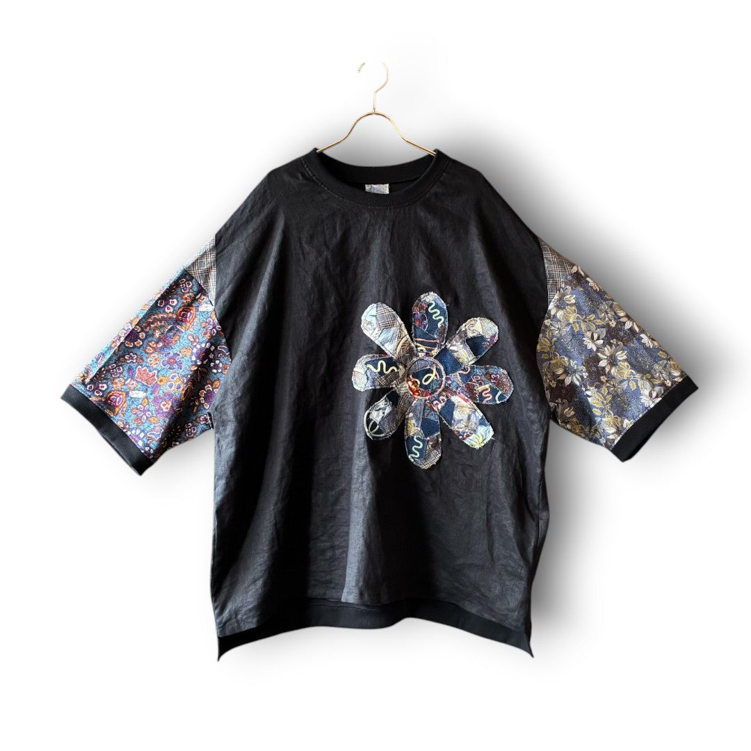 zivun Linen Patch Flower Pullover | Reconstructed Floral Appliqué Oversized One-of-a-Kind | OLD FLIP