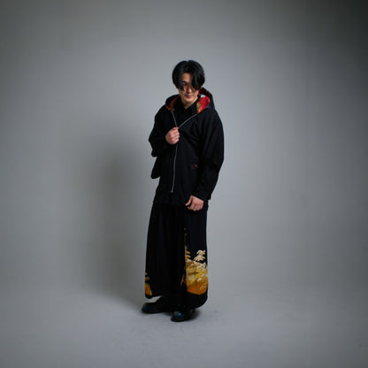 Hoodie Parka Kimono Obi Zip Women's Men's Oversized Remake Kimono Hoodie Black Recollect Ariake Garden Store