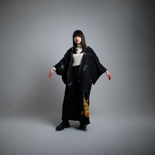 Hoodie Parka Kimono Obi Zip Women's Men's Oversized Remake Kimono Hoodie Black Recollect Ariake Garden Store