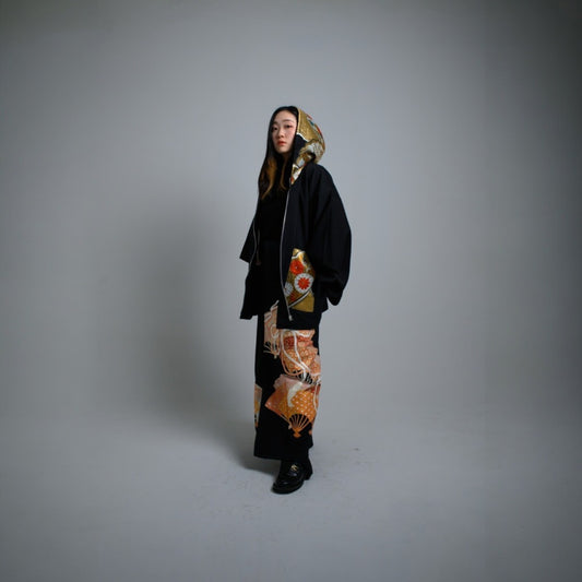 Hoodie Parka Kimono Obi Zip Women's Men's Oversized Remake Kimono Hoodie 2 Black Recollect Ariake Garden Store