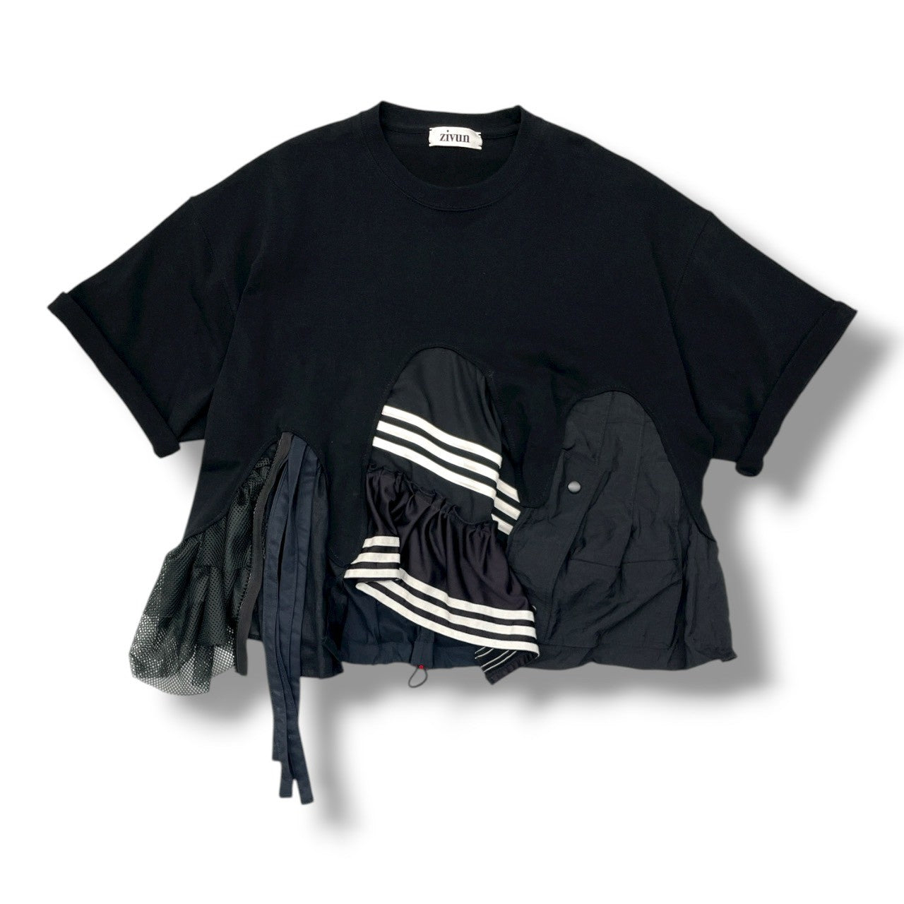 zivun Black Reconstructed T-Shirt | Upcycled Vintage Fabric & Mixed Material Design | One-of-a-Kind Unisex