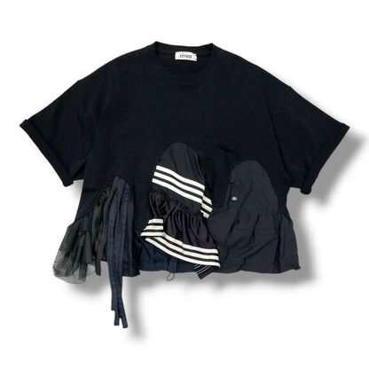 zivun Black Reconstructed T-Shirt | Upcycled Vintage Fabric & Mixed Material Design | One-of-a-Kind Unisex