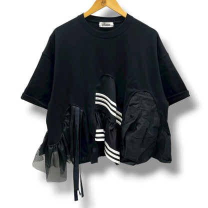 zivun Black Reconstructed T-Shirt | Upcycled Vintage Fabric & Mixed Material Design | One-of-a-Kind Unisex