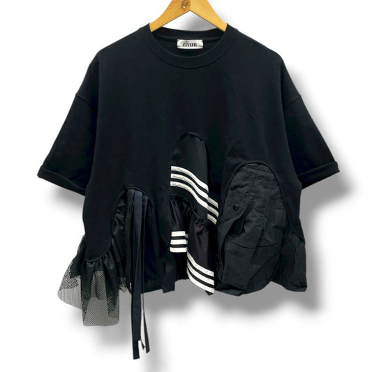 zivun Black Reconstructed T-Shirt | Upcycled Vintage Fabric & Mixed Material Design | One-of-a-Kind Unisex