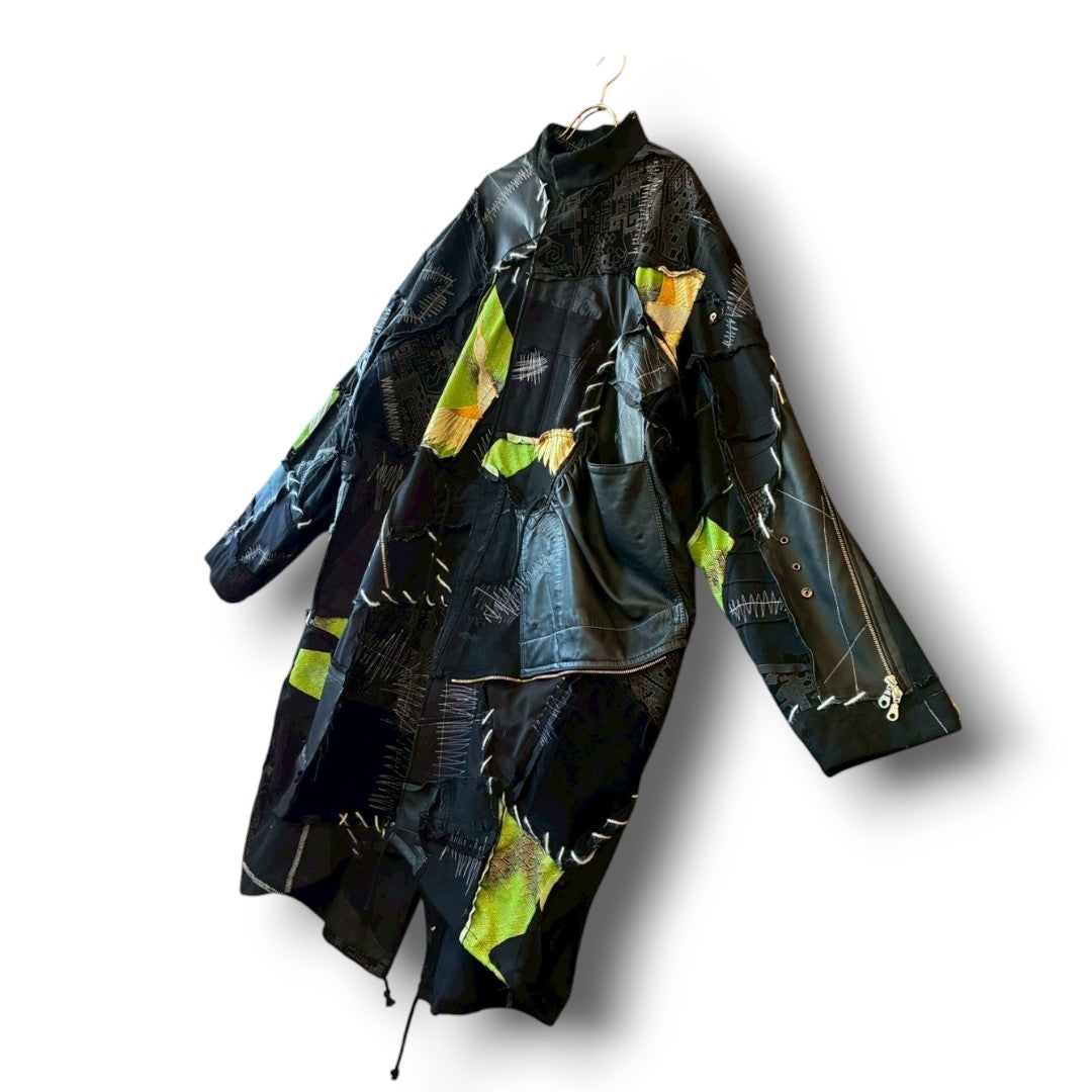 zivun by Nao Reconstructed Kimono Long Mods Coat | Black Patchwork | Unisex | One-of-a-Kind | OLD FLIP