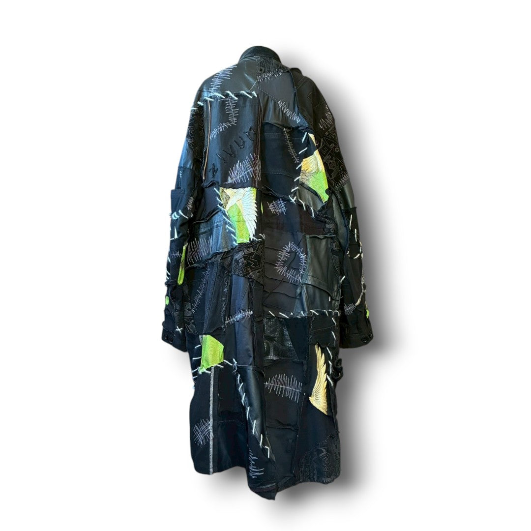 zivun by Nao Reconstructed Kimono Long Mods Coat | Black Patchwork | Unisex | One-of-a-Kind | OLD FLIP