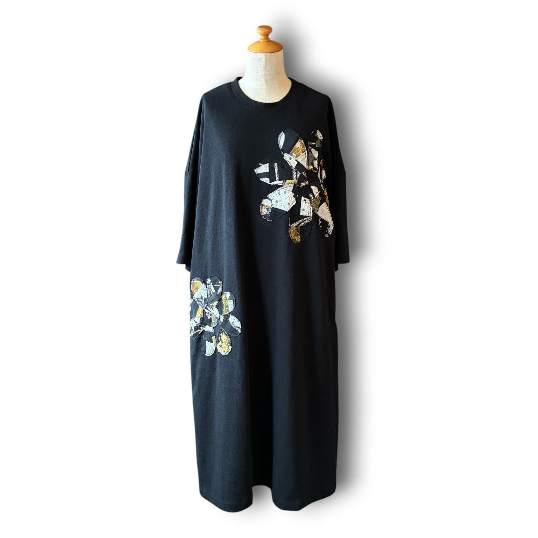 One-of-a-Kind Kurotomesode Patchwork Flower T-Shirt Dress | Japanese Kimono Remake Dress | zivun