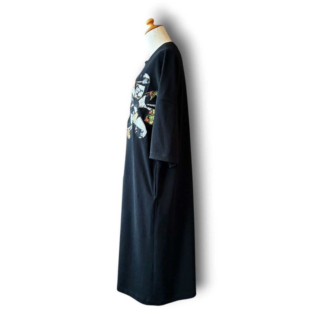 One-of-a-Kind Kurotomesode Patchwork Flower T-Shirt Dress | Japanese Kimono Remake Dress | zivun