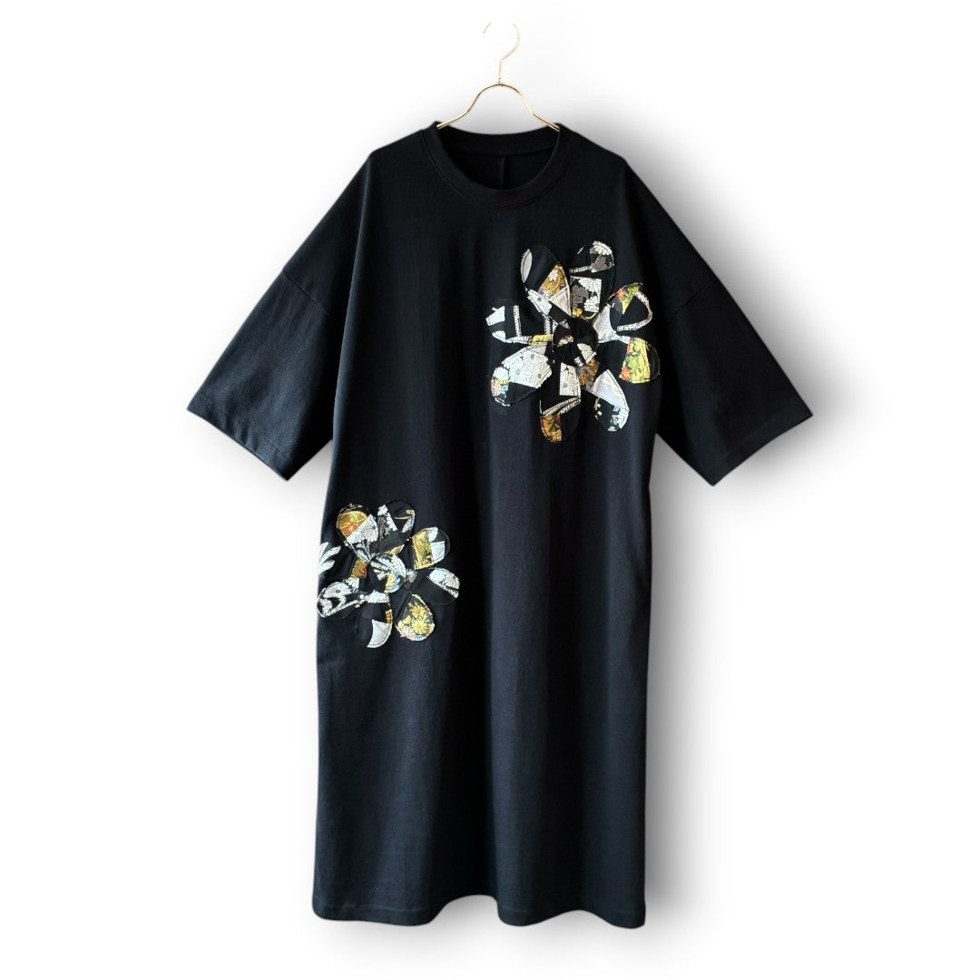 One-of-a-Kind Kurotomesode Patchwork Flower T-Shirt Dress | Japanese Kimono Remake Dress | zivun