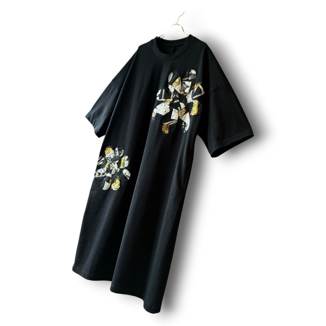 One-of-a-Kind Kurotomesode Patchwork Flower T-Shirt Dress | Japanese Kimono Remake Dress | zivun