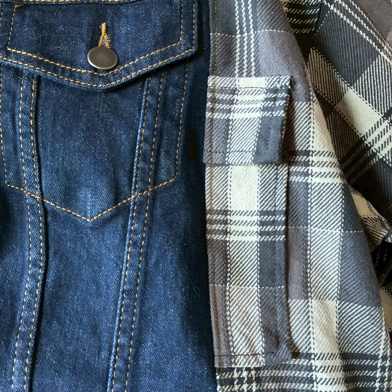 Reconstructed Denim Jacket Denim × Sweat × Check Patchwork One-of-a-kind Unisex zivun by KIHO