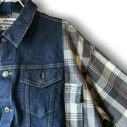 Reconstructed Denim Jacket Denim × Sweat × Check Patchwork One-of-a-kind Unisex zivun by KIHO