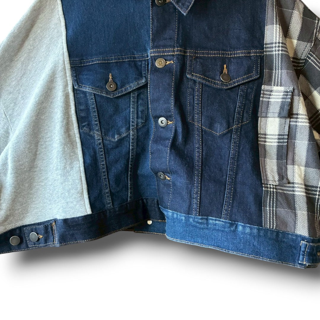 Reconstructed Denim Jacket Denim × Sweat × Check Patchwork One-of-a-kind Unisex zivun by KIHO