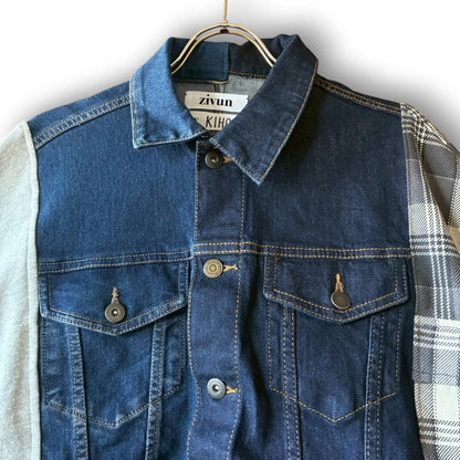 Reconstructed Denim Jacket Denim × Sweat × Check Patchwork One-of-a-kind Unisex zivun by KIHO