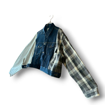 Reconstructed Denim Jacket Denim × Sweat × Check Patchwork One-of-a-kind Unisex zivun by KIHO