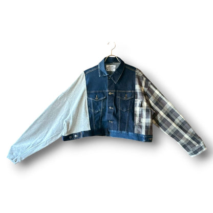 Reconstructed Denim Jacket Denim × Sweat × Check Patchwork One-of-a-kind Unisex zivun by KIHO