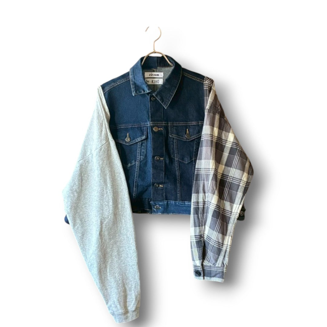 Reconstructed Denim Jacket Denim × Sweat × Check Patchwork One-of-a-kind Unisex zivun by KIHO