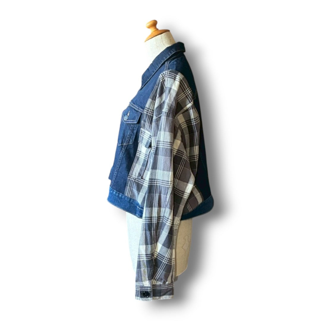 Reconstructed Denim Jacket Denim × Sweat × Check Patchwork One-of-a-kind Unisex zivun by KIHO