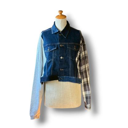 Reconstructed Denim Jacket Denim × Sweat × Check Patchwork One-of-a-kind Unisex zivun by KIHO