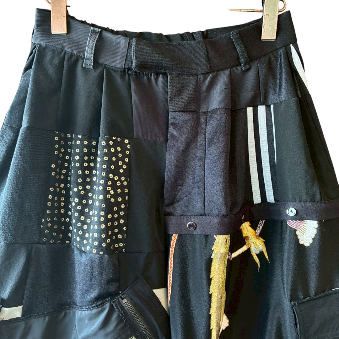 Kurotomesode × Mixed Materials Reconstructed Easy Pants Embroidered Denim & Nylon Mix One-of-a-kind Unisex zivun