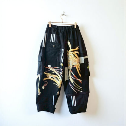 Kurotomesode × Mixed Materials Reconstructed Easy Pants Embroidered Denim & Nylon Mix One-of-a-kind Unisex zivun