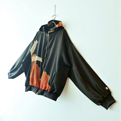 Kurotomesode & Obi Reconstructed Hoodie with Red-Gold Embroidery & Brocade Hood One-of-a-kind Unisex zivun