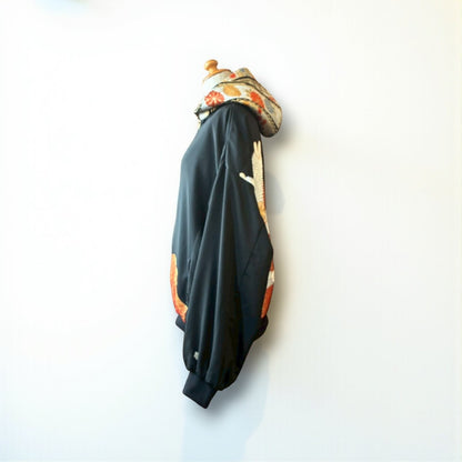 Kurotomesode & Obi Reconstructed Hoodie with Red-Gold Embroidery & Brocade Hood One-of-a-kind Unisex zivun