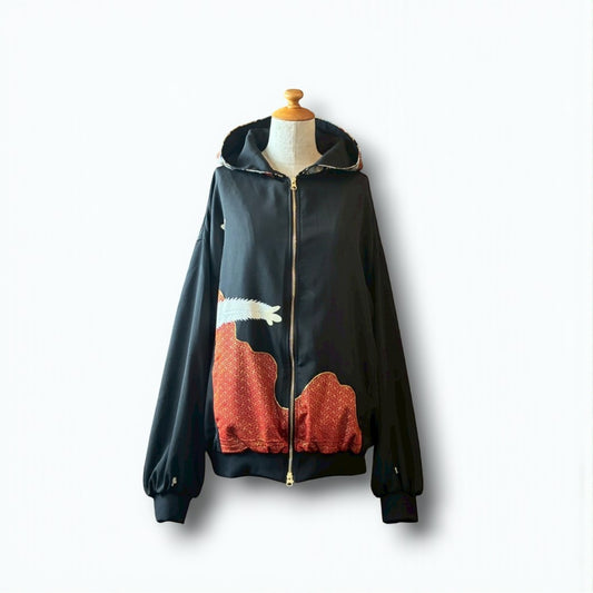 Kurotomesode & Obi Reconstructed Hoodie with Red-Gold Embroidery & Brocade Hood One-of-a-kind Unisex zivun