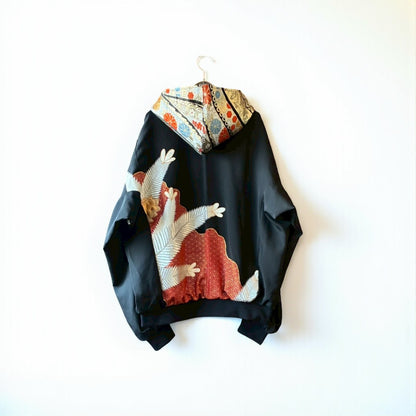Kurotomesode & Obi Reconstructed Hoodie with Red-Gold Embroidery & Brocade Hood One-of-a-kind Unisex zivun