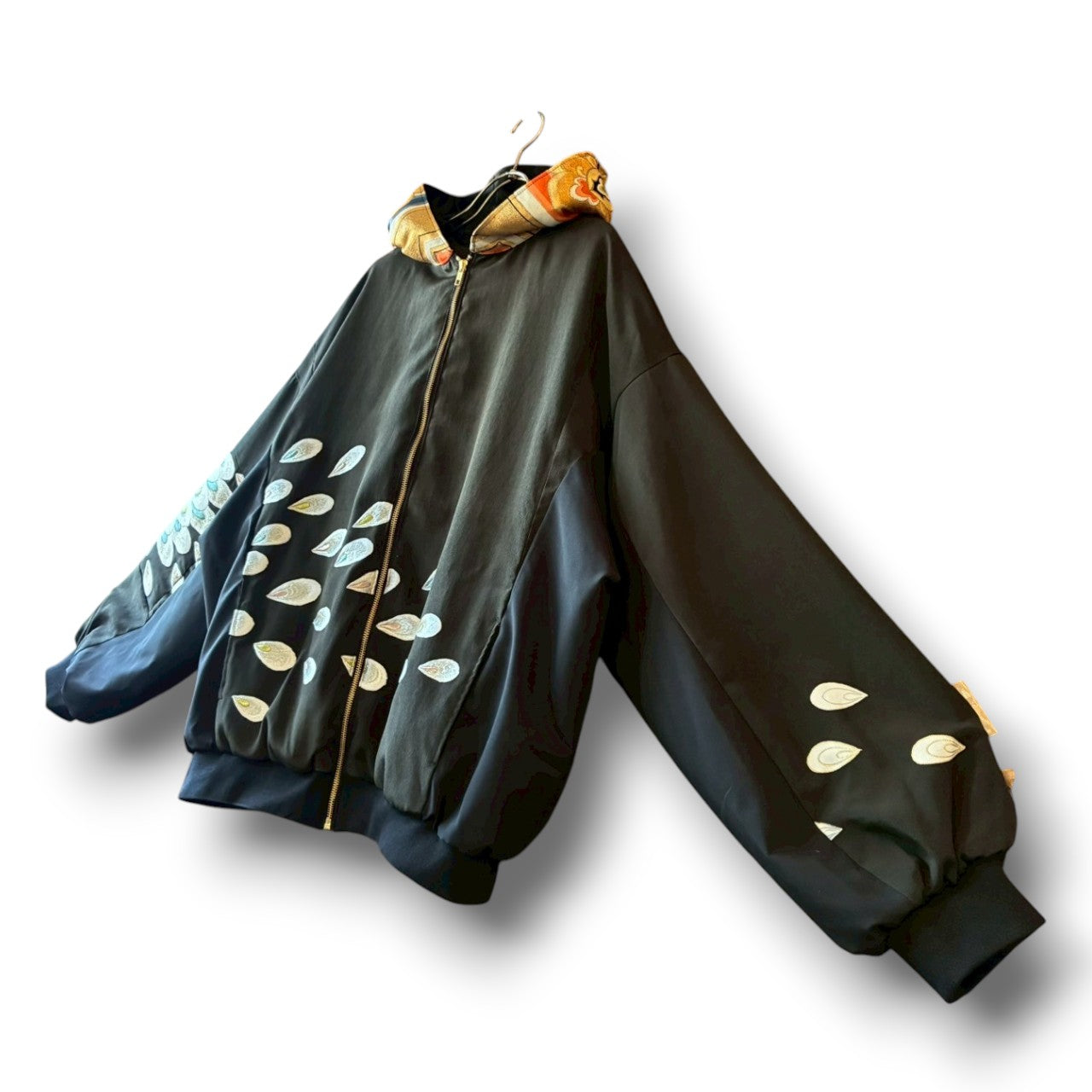 Kurotomesode & Obi Reconstructed Hoodie with Embroidered Peacock One-of-a-kind Unisex zivun