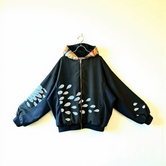 Kurotomesode & Obi Reconstructed Hoodie with Embroidered Peacock One-of-a-kind Unisex zivun