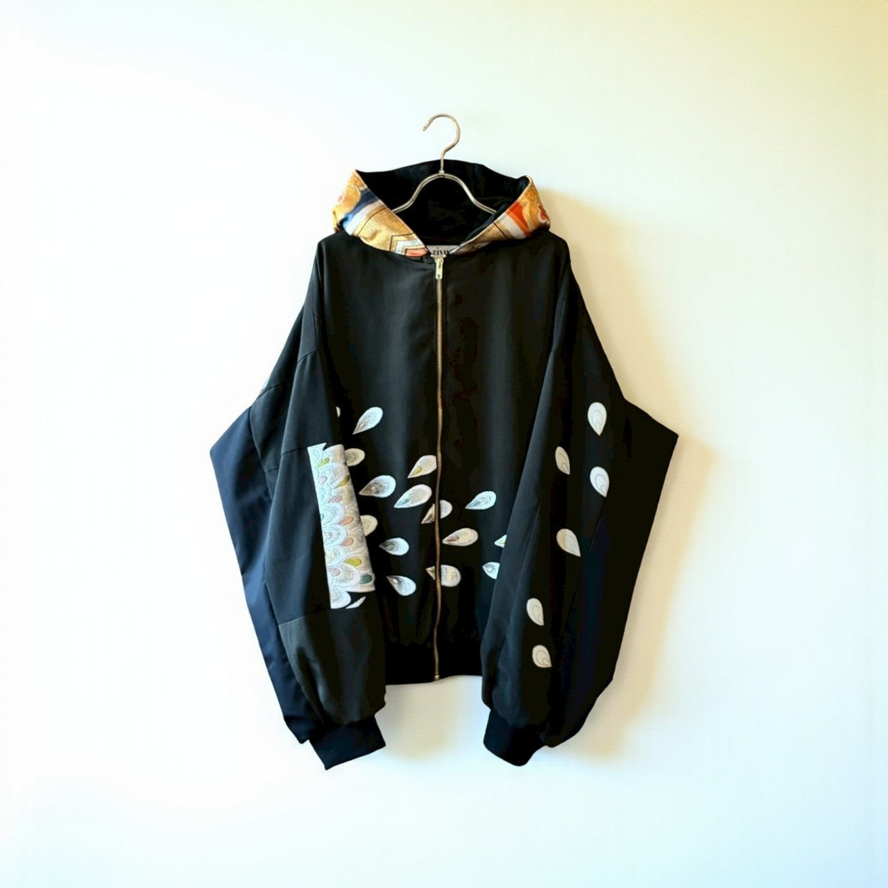 Kurotomesode & Obi Reconstructed Hoodie with Embroidered Peacock One-of-a-kind Unisex zivun