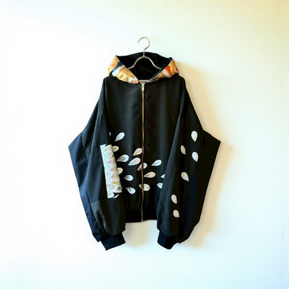 Kurotomesode & Obi Reconstructed Hoodie with Embroidered Peacock One-of-a-kind Unisex zivun