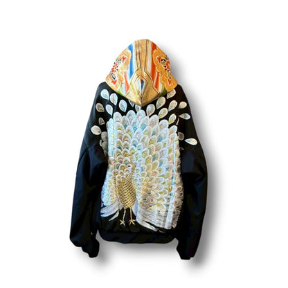 Kurotomesode & Obi Reconstructed Hoodie with Embroidered Peacock One-of-a-kind Unisex zivun
